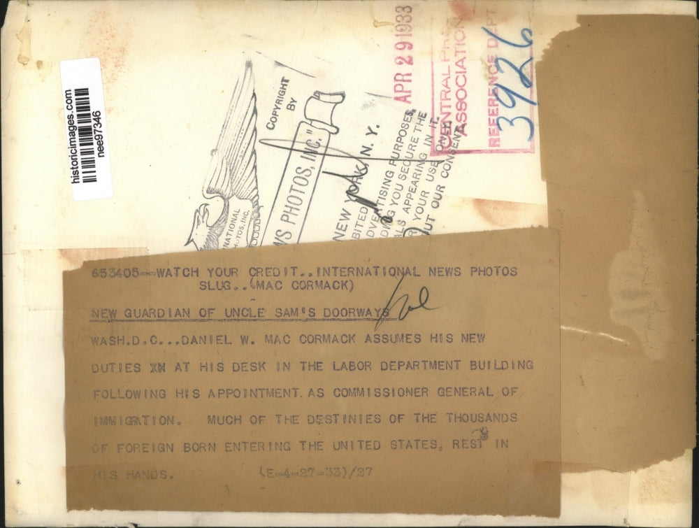 1933 Press Photo Daniel W.MacCormack Commissioner General of Immigration