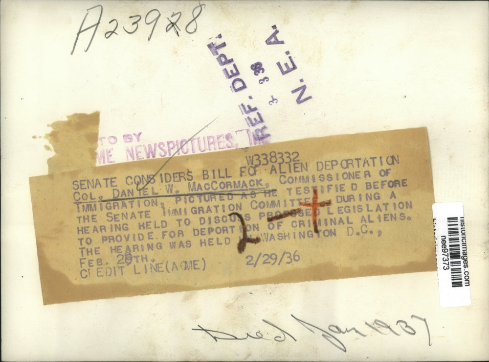 1936 Press Photo Col. Dantel L.McCormack, Commissioner of Immigration