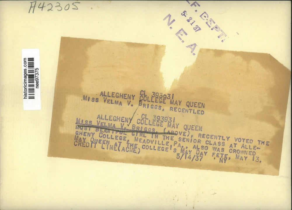 1937 Press Photo Ms.Velma V.Briggs Most Beautiful at Allegheny College