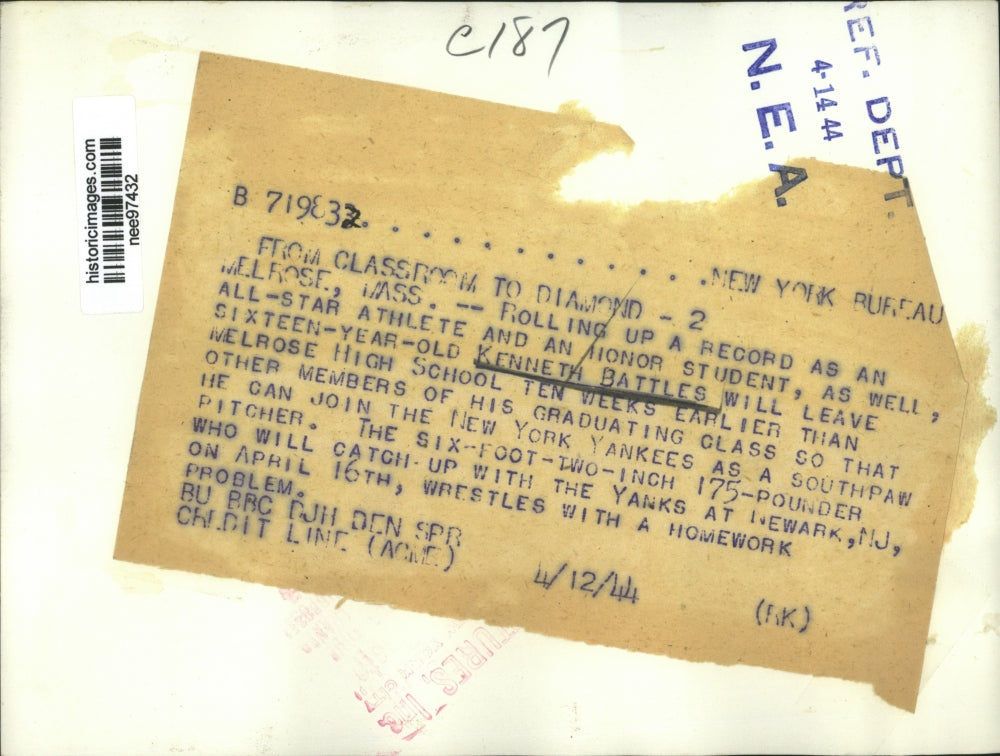 1944 Press Photo Kennth Battles joined N.Y. Yankees as a Southpaw Pitcher