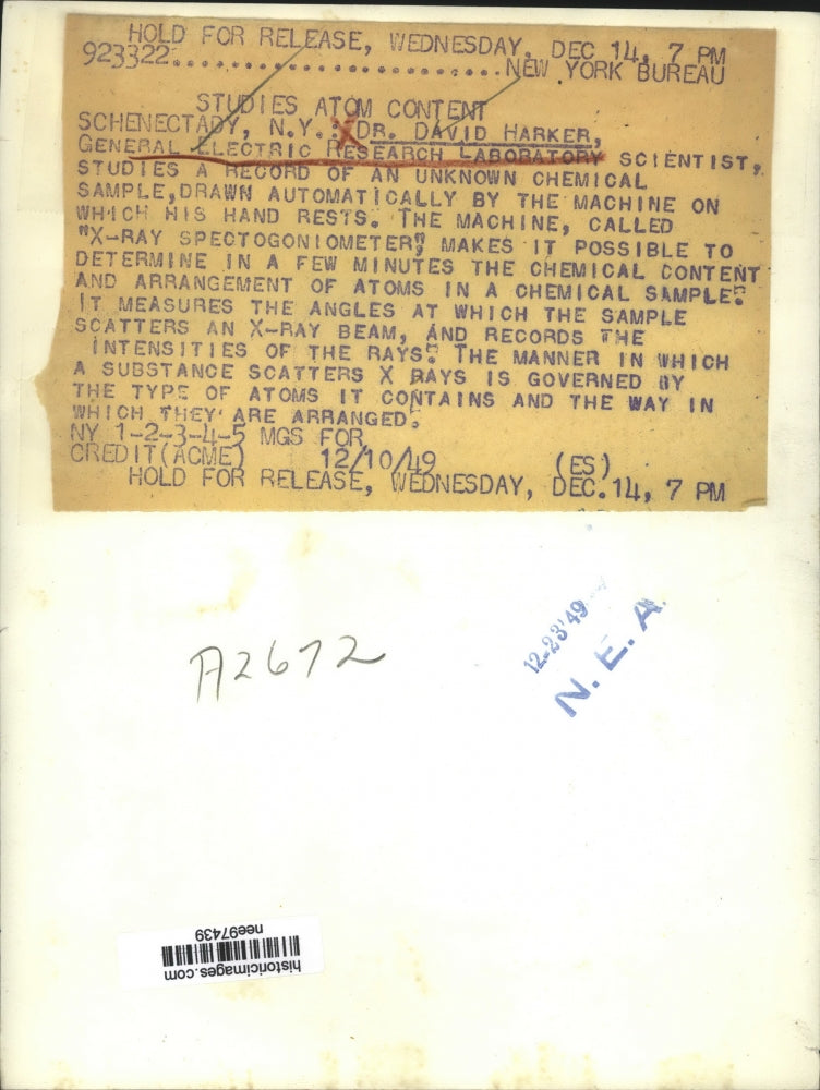 1949 Press Photo Dr.David Harker of General Electric Research Laboratory