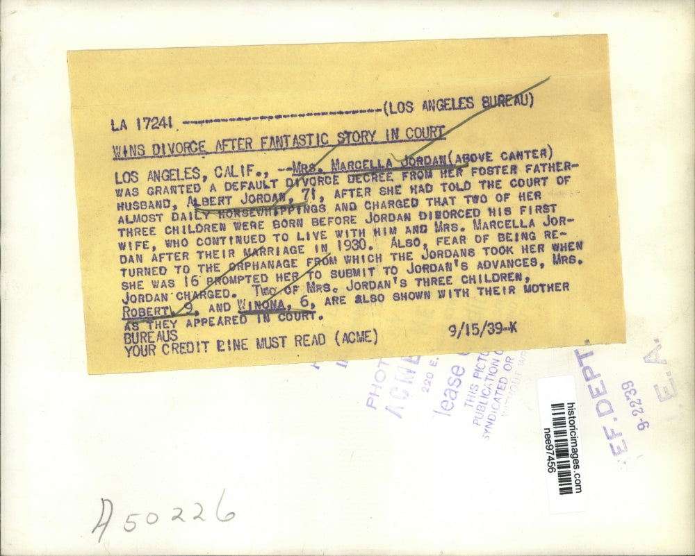 1939 Press Photo Marcella Jordan granted divorce after fantastic Story in Court