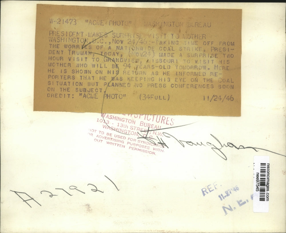 1946 Press Photo Pres. Harry S.Truman made surprise visit to Grandview Missouri