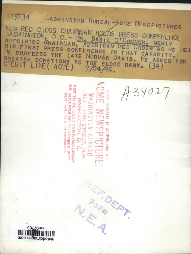 1944 Press Photo Mr.Baisl O' Connor, Chairman of American Red Cross - nee97763