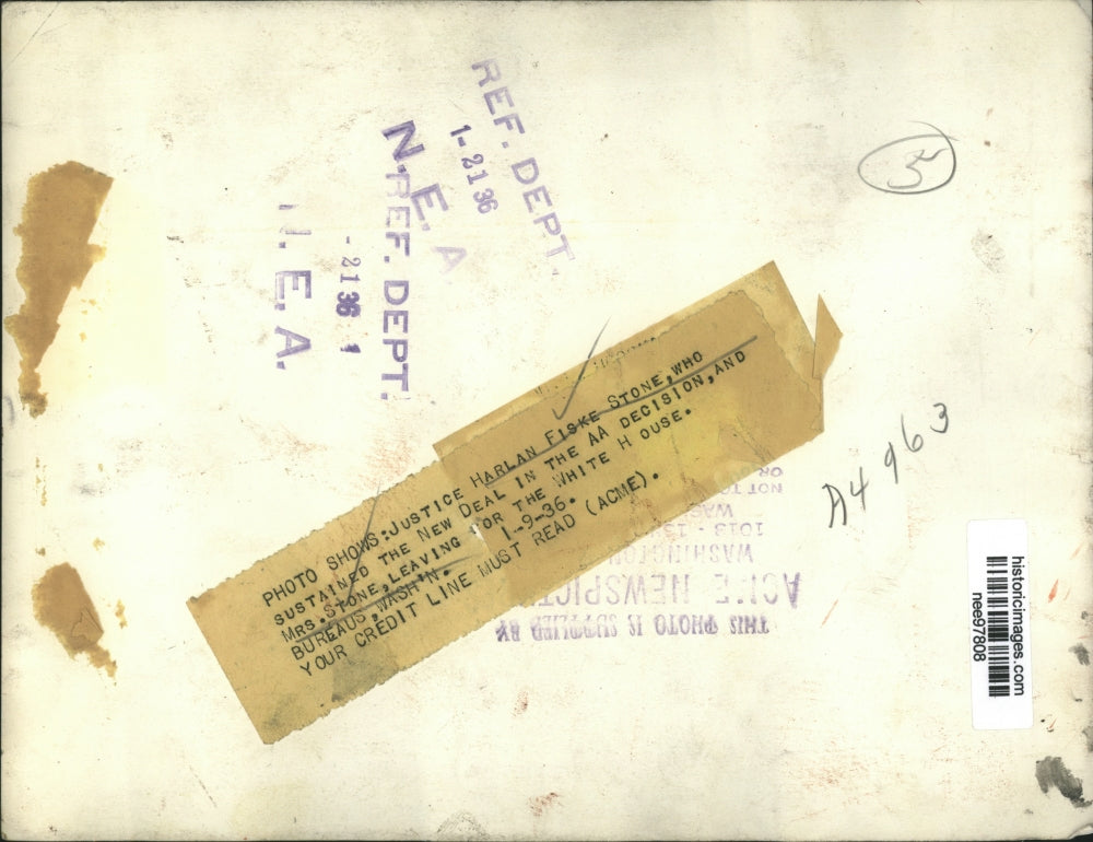 1936 Press Photo Justice Harlan Fiske Stone and wife at the White Hos=use