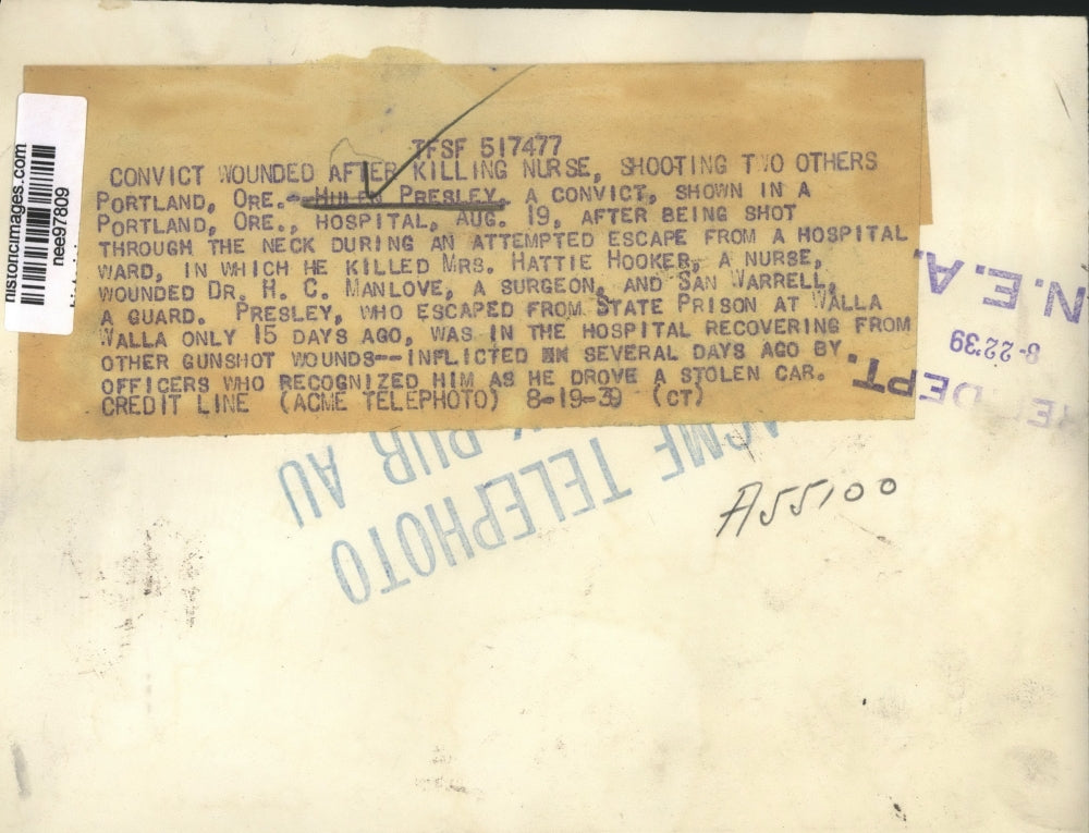 1939 Press Photo Hulen Presley,a convict wounded after killing Nurse