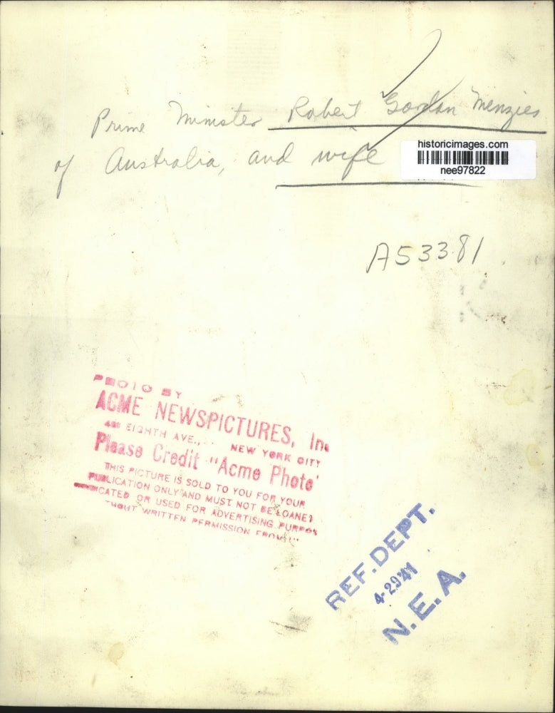 1941 Press Photo Prime Minister Robert Gordon Menzies of Australia and wife