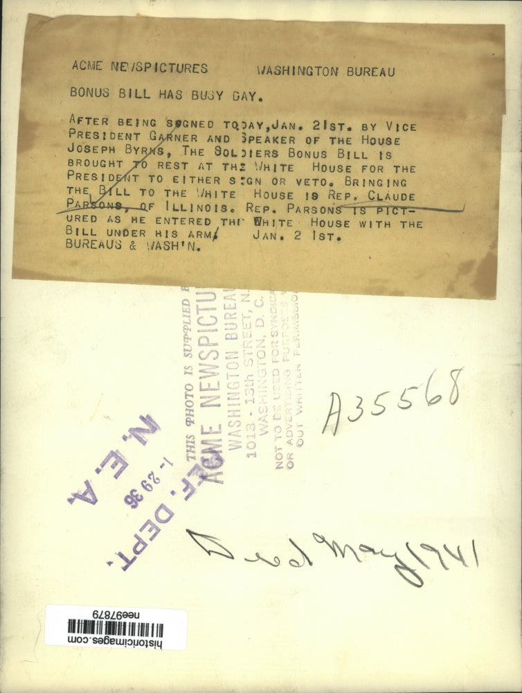 1936 Press Photo Rep.Claude Parson of Ill. holds the Soldiers Bonus bill