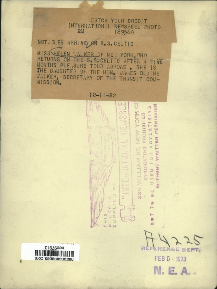 1922 Press Photo Ms.Helen Walker of N.Y. arrive on S.S. Celtic - nee97913
