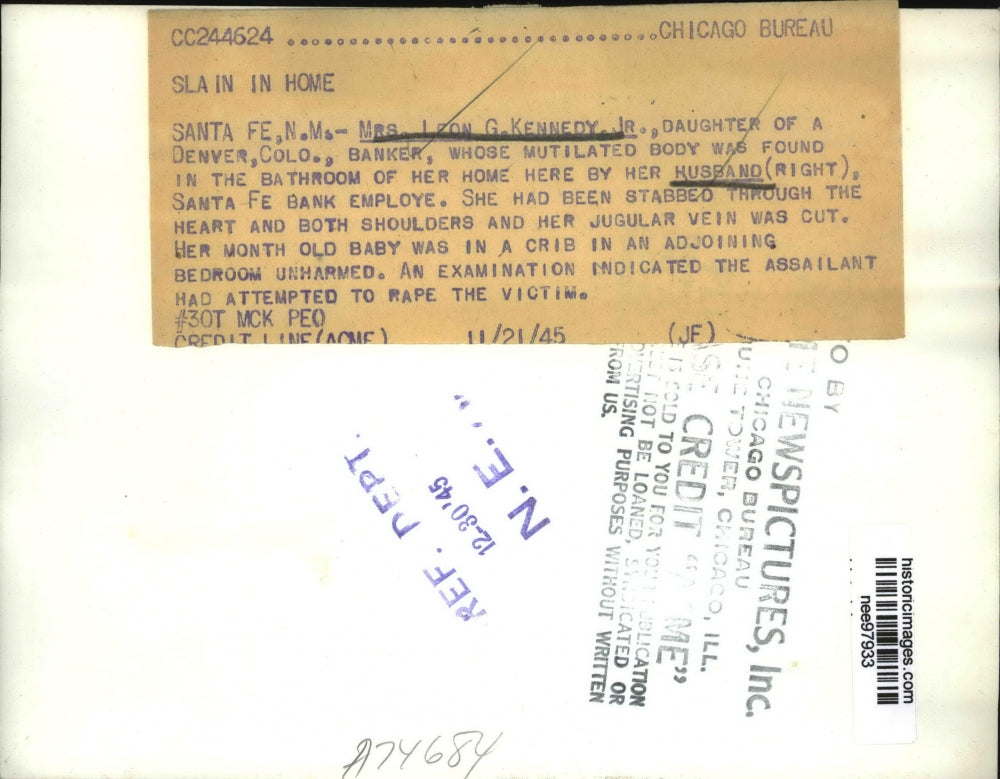 1945 Press Photo Mrs. Leon G. Kennedy Jr. stabbed at her home by her Husband