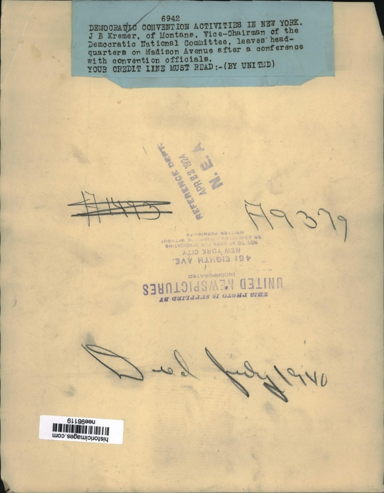 1924 Press Photo J.B.Kremer of Montana,Vice-Chairman of Democratic Committee