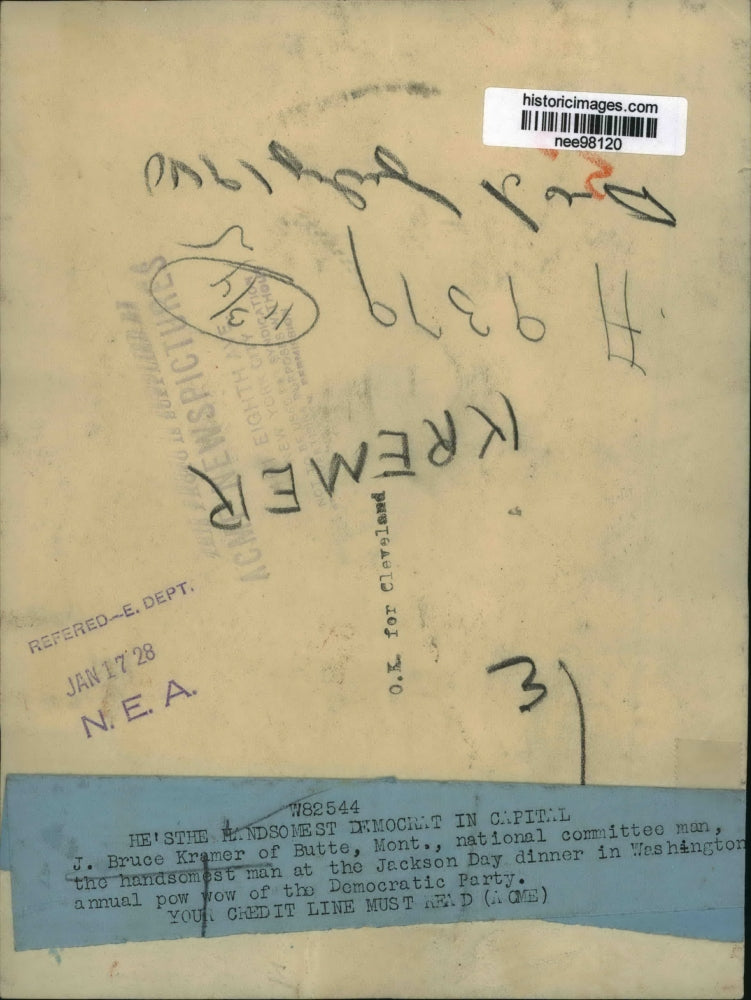 1928 Press Photo J. Bruce Kramer of Montana, Natl.Committeeman at Jackson Dinner