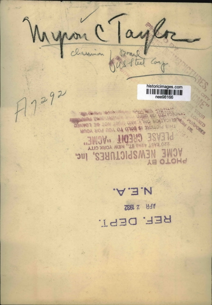 1932 Press Photo Myron C.Taylor, Chairman of U.S. Steel Corporation - nee98166