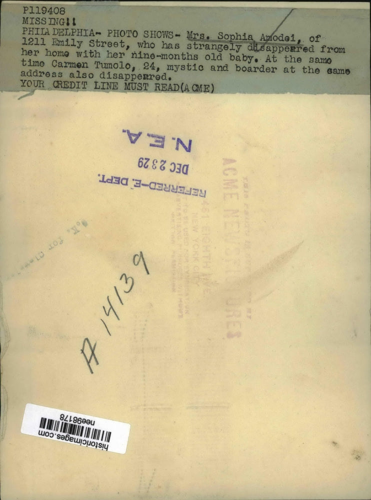 Load image into Gallery viewer, 1929 Press Photo Mrs.Sophia Amodei disappeared form her home with her baby

