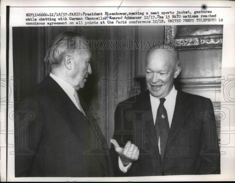 Load image into Gallery viewer, 1957 Press Photo Pres.Eisenhower with German Chancellor Konrad Adenauer
