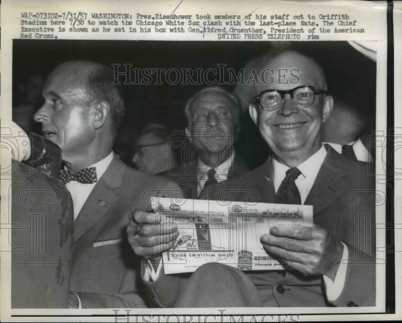 Load image into Gallery viewer, 1957 Press Photo Pres.Eisenhower with members of his staff at Griffith Stadium
