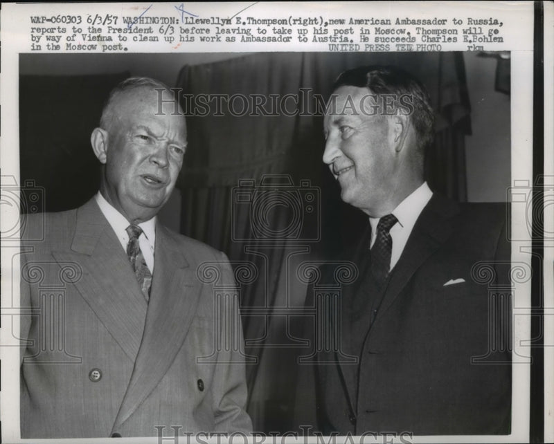 Load image into Gallery viewer, 1957 Press Photo Pres. Eisenhower with Llewellyn E.Thompson U.S Amb. to Russia
