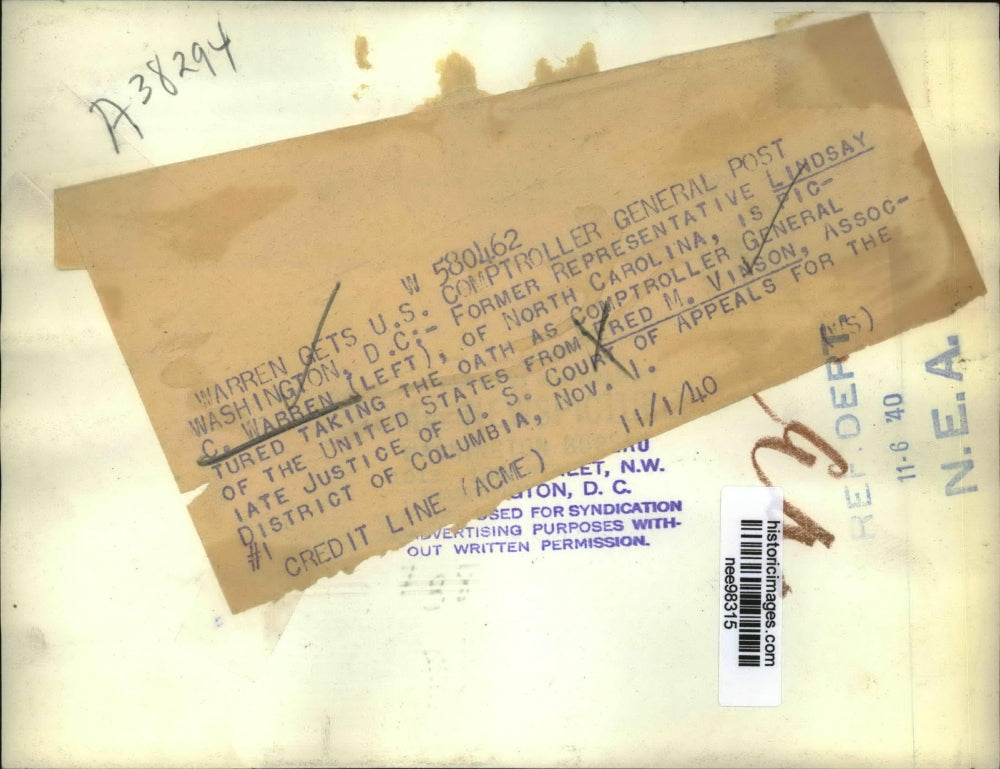 1940 Press Photo Lindsay C.Warren take oath as Comptroller General of U.S