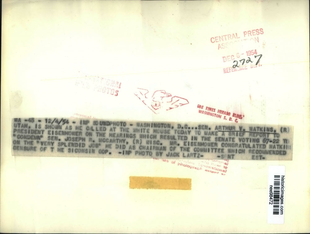 1954 Press Photo Sen. Arthur V.Watkins shown at the White House to report