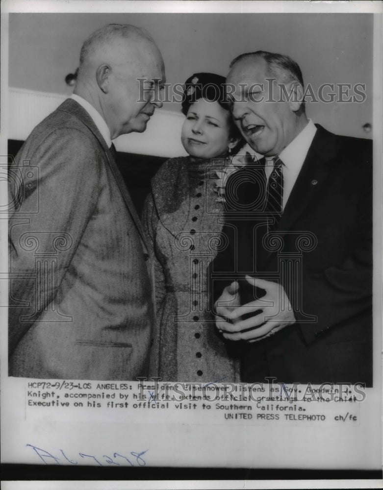 1954 Press Photo Pres.Dwight Eisenhower listen and Gov.Godwin Knight and wife- Historic Images