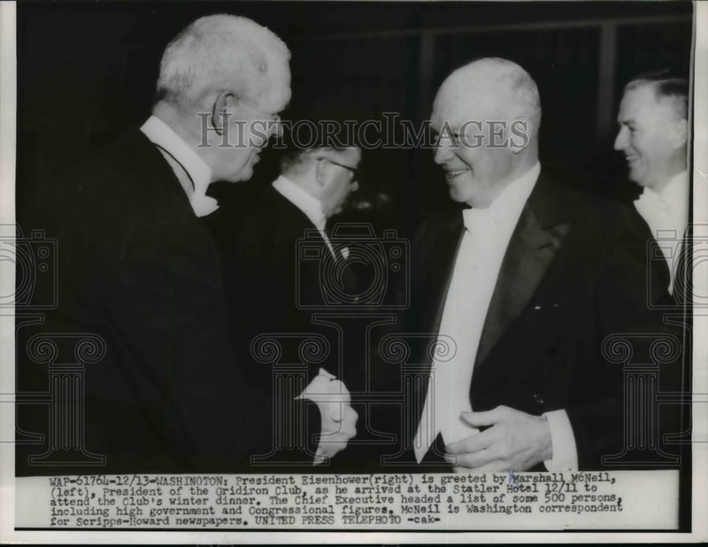 Load image into Gallery viewer, 1954 Press Photo Pres. Eisenhower greeted by Marshall McNeil of Gridiron Club
