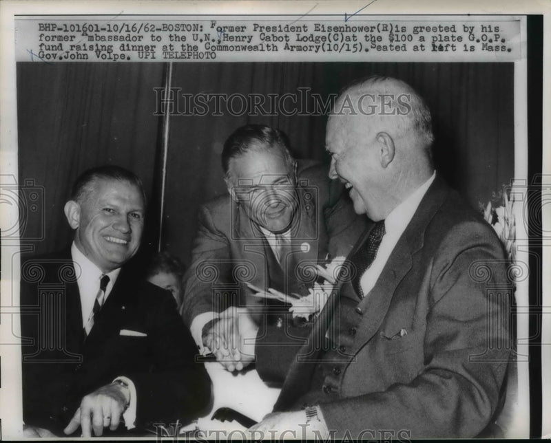 Load image into Gallery viewer, 1962 Press Photo Dwight Eisenhower Greeted by Henry Cabot Lodge at G.O.P. Dinner
