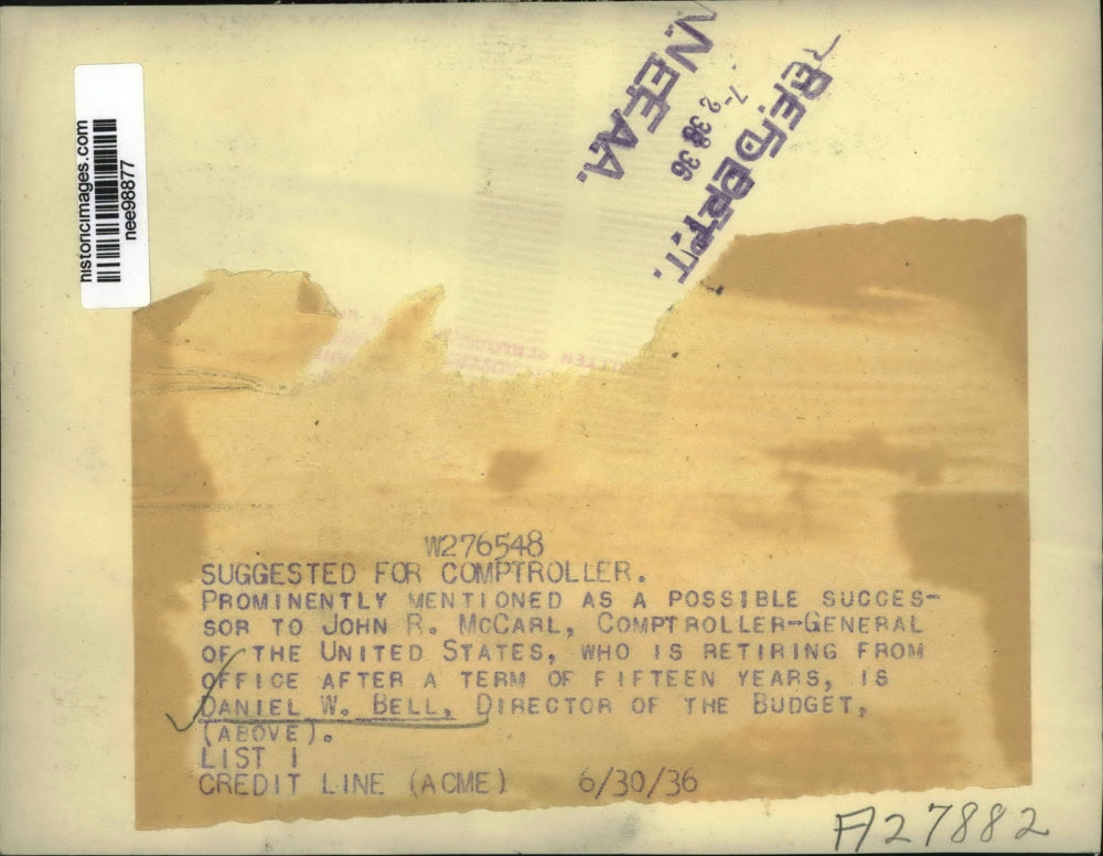 1936 Press Photo Daniel W.Bell, Comptroller General - nee98877