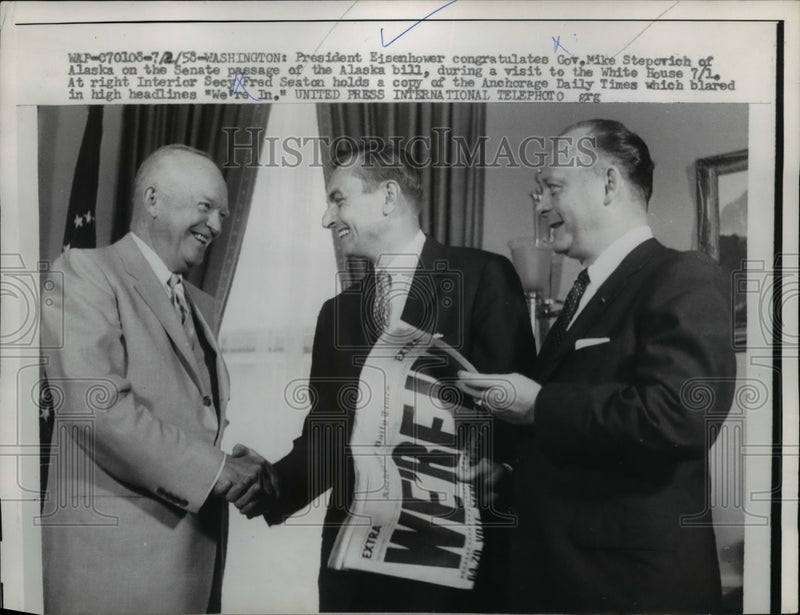 Load image into Gallery viewer, 1958 Press Photo Pres.Eisenhower congratulates Gov. Mike Stepvoich of Alaska
