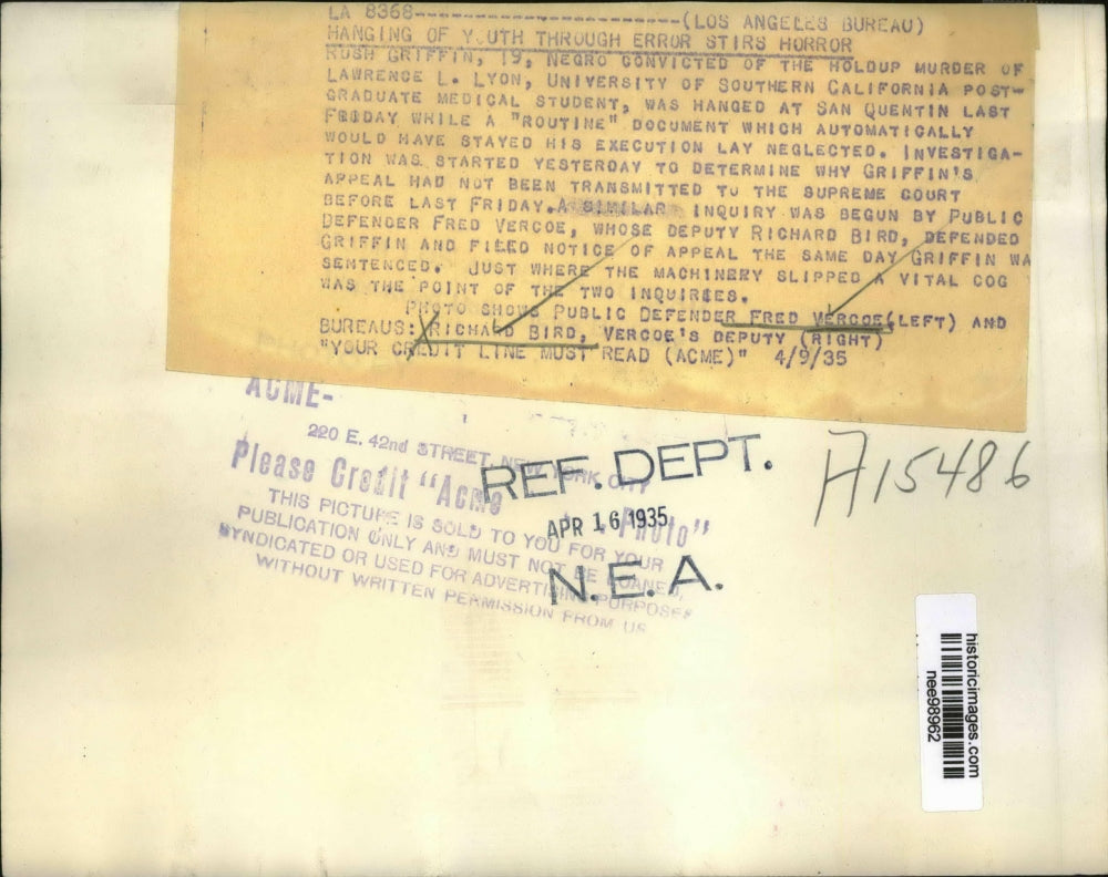 1935 Press Photo Fred Vercoe and Richard Bird Involved in Execution Error Case