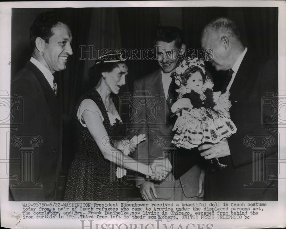 1954 Press Photo Pres.Eisenhower received Czech Doll from Czech Refugees