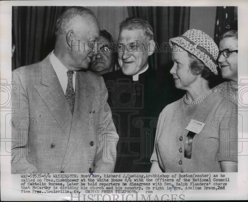 Load image into Gallery viewer, 1954 Press Photo Pres.Eisenhower with Rev. Richard J. Cushing of Boston
