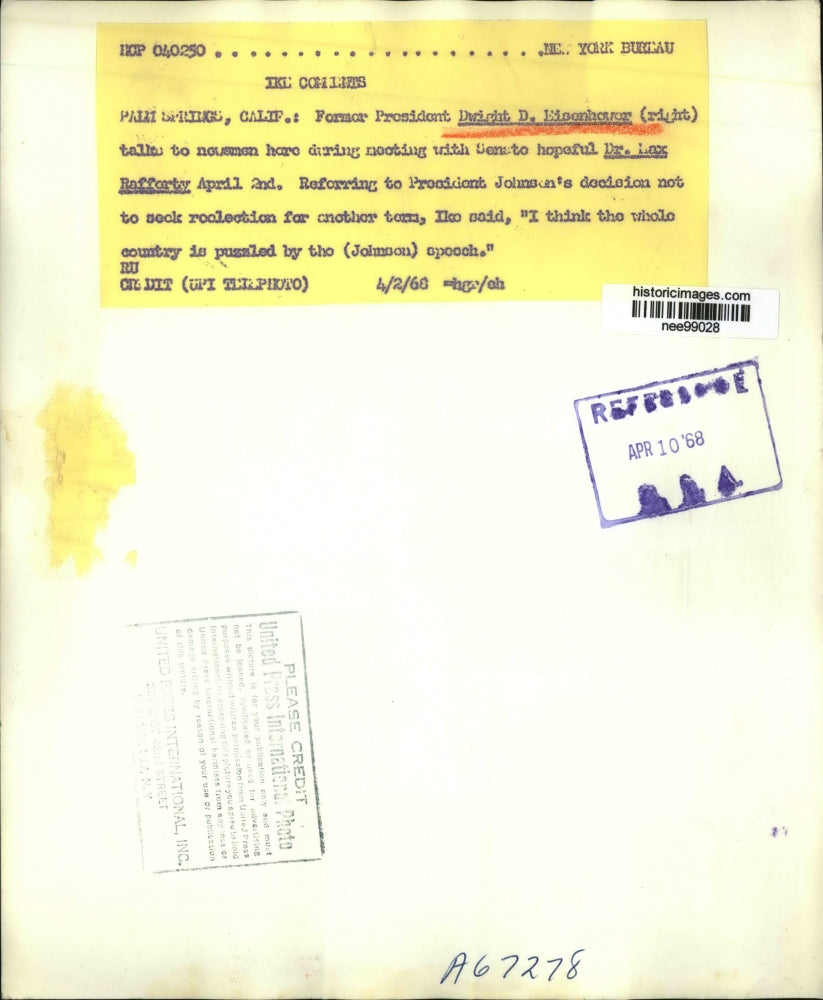 1968 Press Photo Pres.Eisenhower meet with Dr. Lax Rafforty at Palm Spring