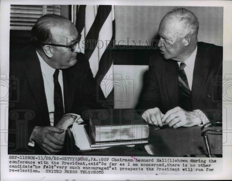Load image into Gallery viewer, 1955 Press Photo Pres. Dwight Eisenhower with GOP Chairman Leonard Hall
