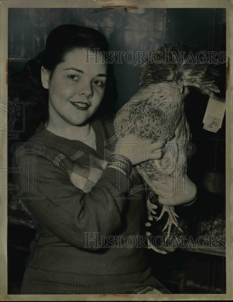 Load image into Gallery viewer, 1947 Press Photo Kathleen McDermott Holding Bearded Buff Laced Polish Chicken
