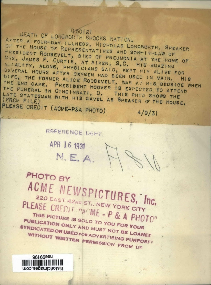 1931 Press Photo Nicholas Longworth, Speaker of the House with his gavel