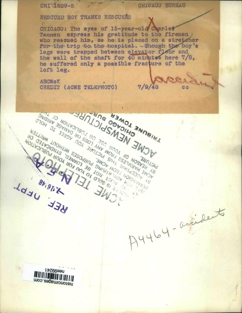 1948 Press Photo Chicago Boy Charles Tannen After Rescue from Elevator Shaft