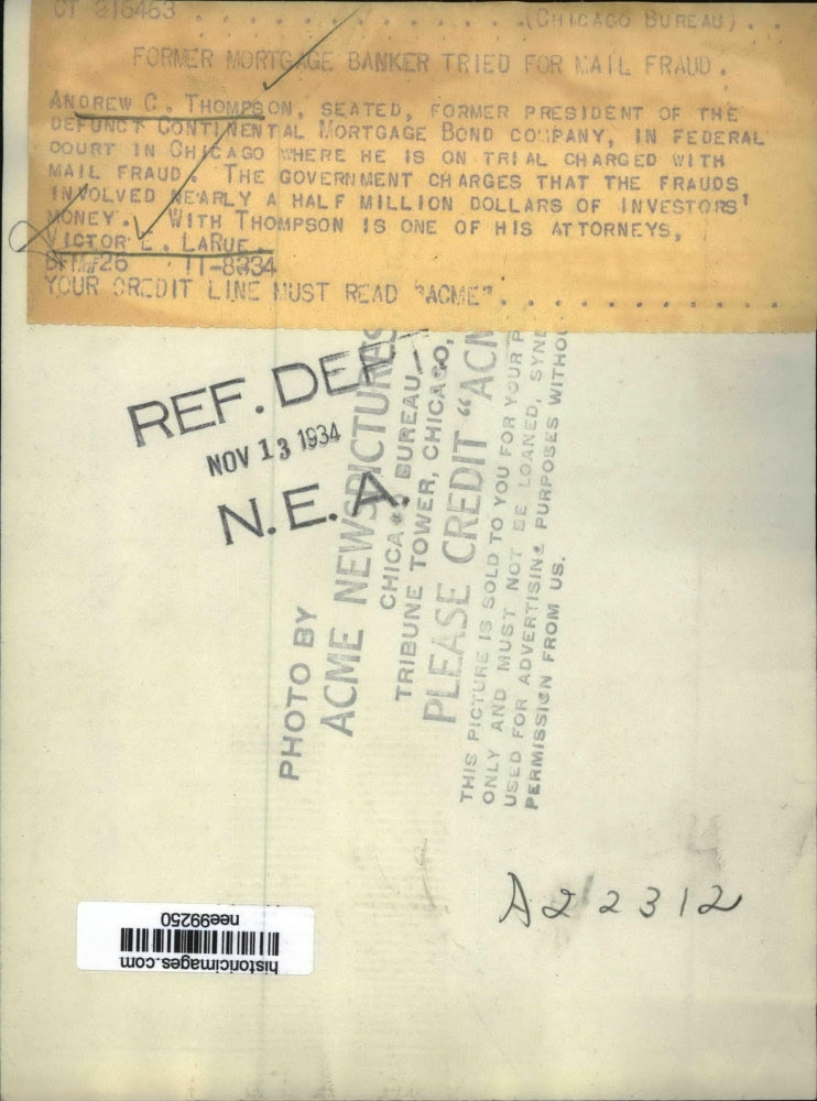 1934 Press Photo Mortgage Banker Andrew C. Thompson, Attorney Victor E. LaRue