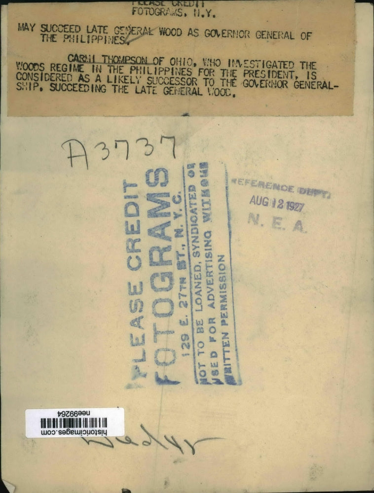 1927 Press Photo Carmi Thompson of Ohio Governor General of the Philippines