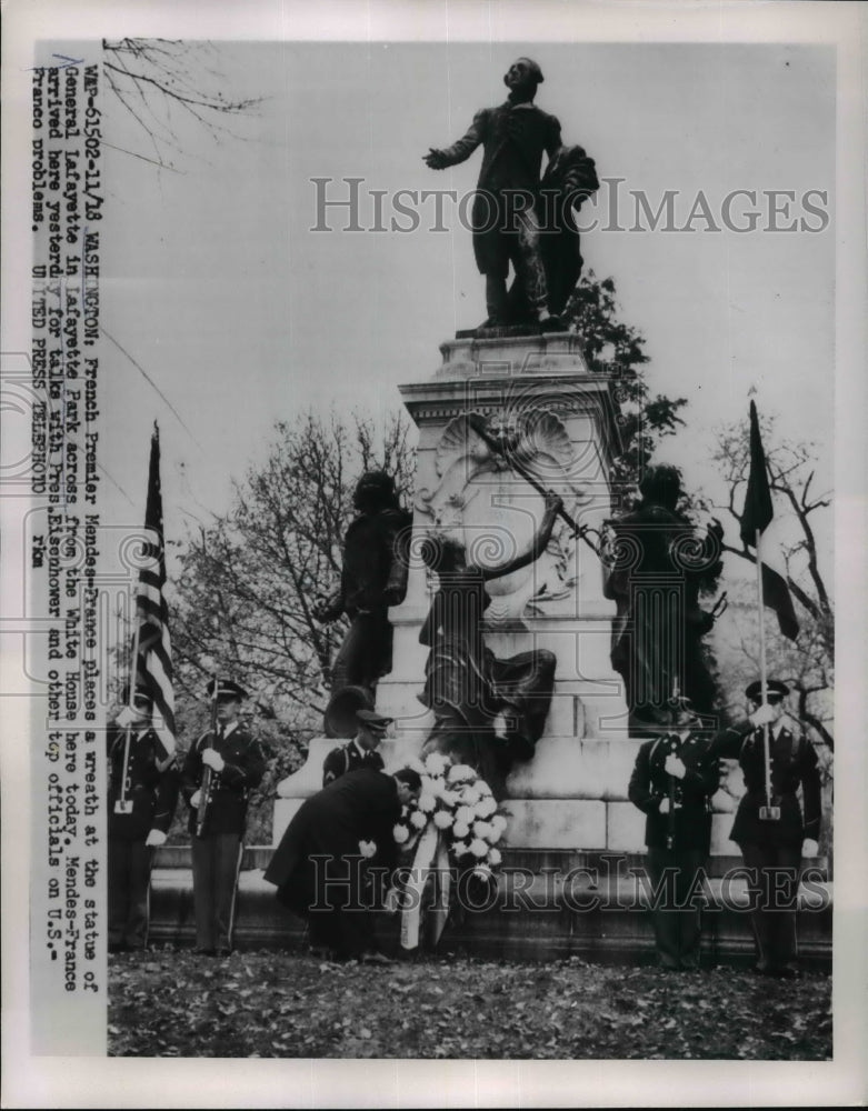 Load image into Gallery viewer, 1954 Press Photo French Prime Minister Pierre Mendes-France at LaFayette Statue

