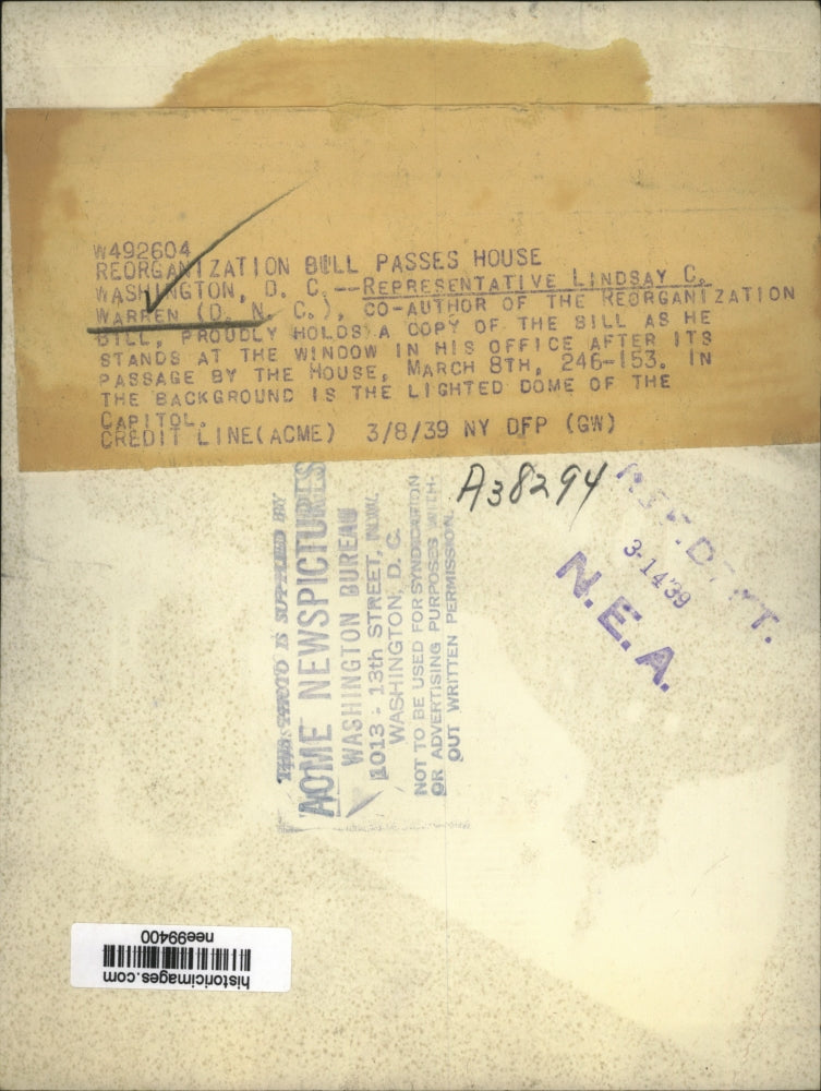 1939 Press Photo Rep. Lindsay C.Warren co-Author of Reorganization Bill