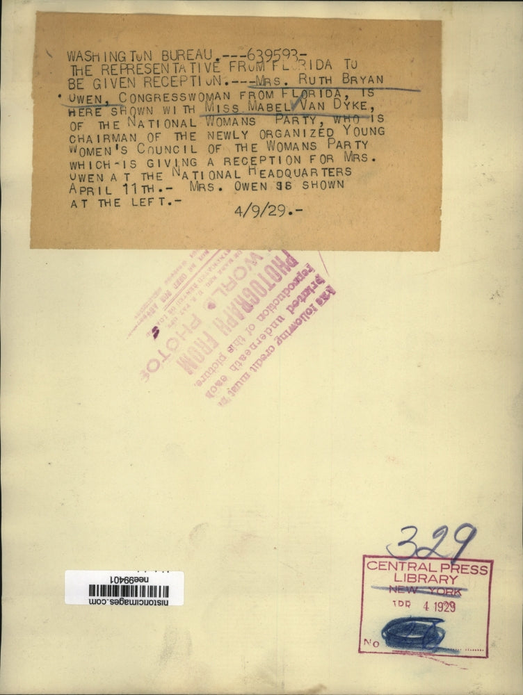 1929 Press Photo Rep.Ruth Bryan Owen from Florida with Ms. Mabel Van Dyke