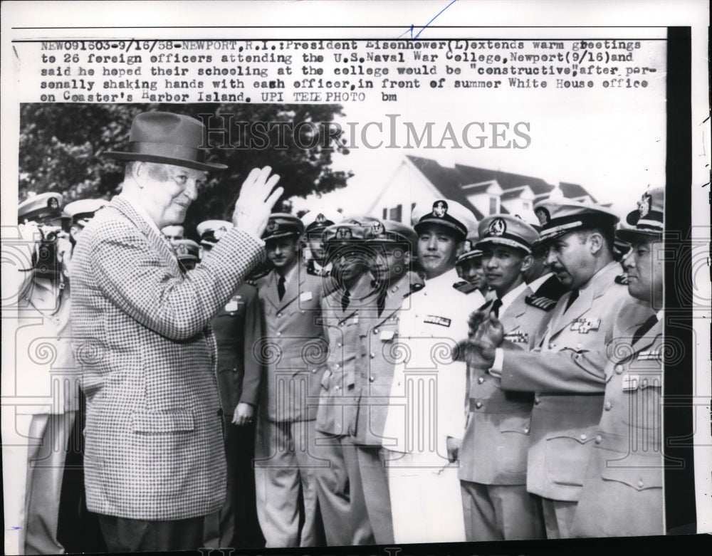 1958 Press Photo Pres.Dwight Eisenhower greets to 26 Foreign Officers