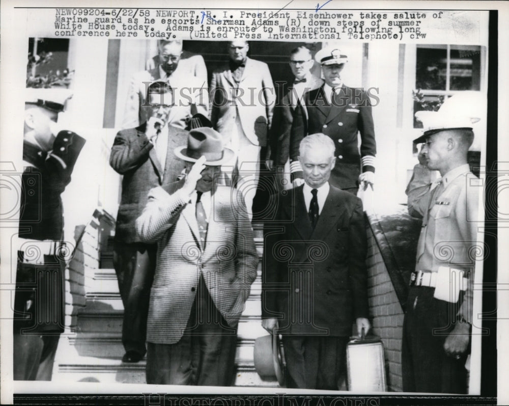 1958 Press Photo Pres.Dwight Eisenhower takes salute of Marine Guards