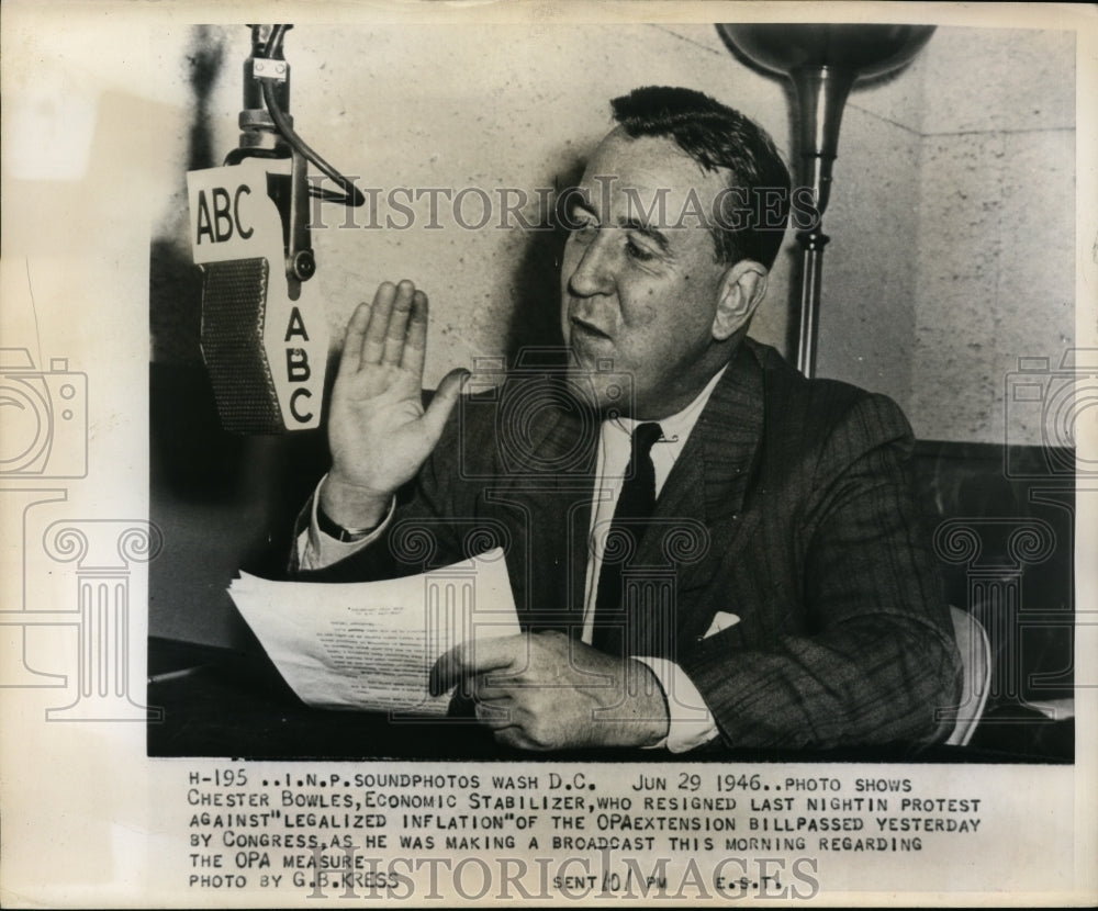 1946 Press Photo U.S. Ambassador Chester Bowles During Radio Broadcast