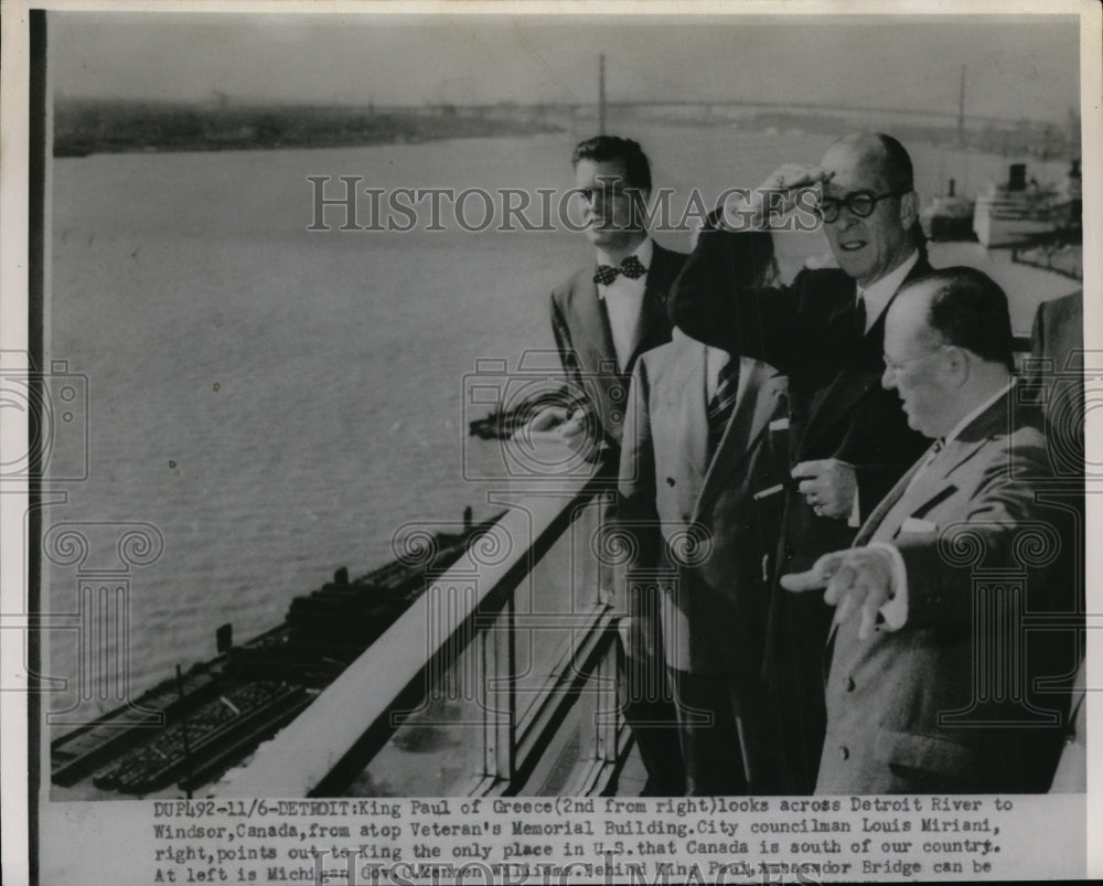 1953 Press Photo King Paul of Greece, Detroit Councilman Louis Miriani on River