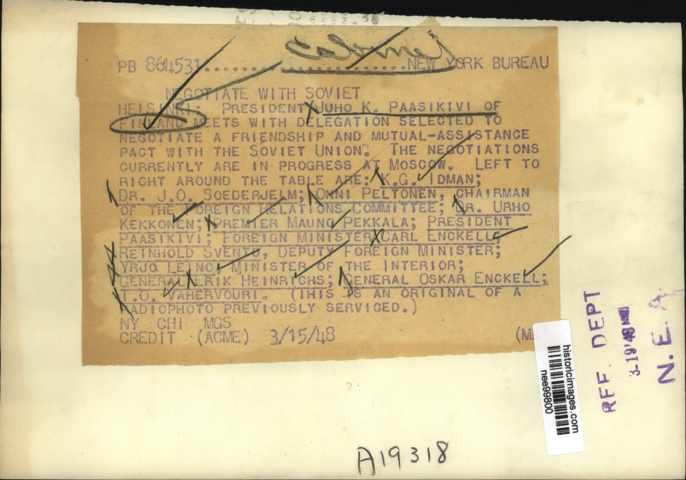 1949 Press Photo Pres.Juho K.Paasikivi of Finland negotiate with Soviet