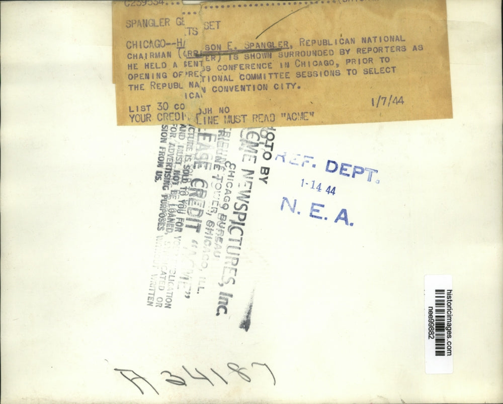 1944 Press Photo Harrison Spangler, Republican Natl.Chairman with Reporters