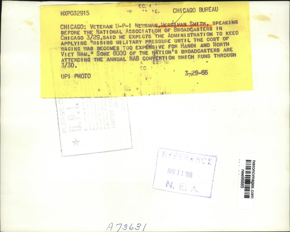 1966 Press Photo Merriman Smith, Veteran UPI Newsman speaking in Chicago