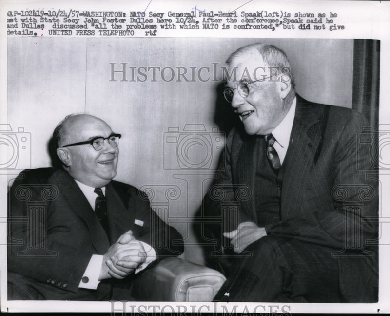 Load image into Gallery viewer, 1957 Press Photo Belgian Foreign Minister Paul-Henri Spaak, John Foster Dulles
