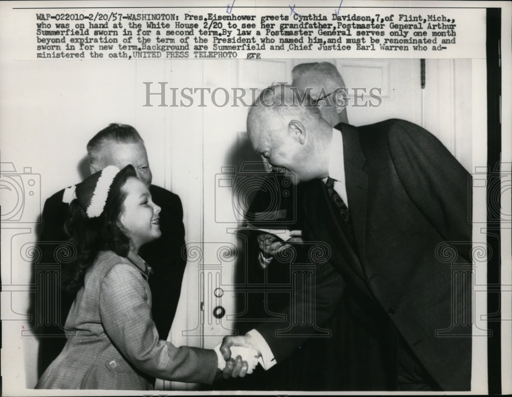 1957 Press Photo President Dwight D. Eisenhower, 7-Year-Old Cynthia Davidson